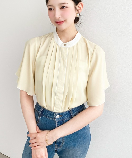 シフォンジョーゼットフロントタックバイカラーラッフルスリーブ半袖