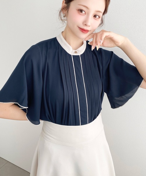 moment+（モーメントプラス）の「シフォンジョーゼットフロントタックバイカラーラッフルスリーブ半袖ブラウス（シャツ/ブラウス・レディース・オフホワイト/ライトベージュ/サックスブルー/ネイビー/イエロー/ピンク/ミント・M/L）」の12枚目の写真