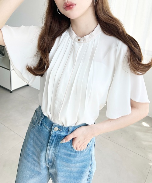 moment+（モーメントプラス）の「シフォンジョーゼットフロントタックバイカラーラッフルスリーブ半袖ブラウス（シャツ/ブラウス・レディース・オフホワイト/ライトベージュ/サックスブルー/ネイビー/イエロー/ピンク/ミント・M/L）」の17枚目の写真