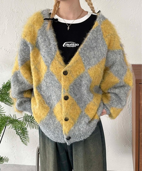 sedacle(セダクル)の「アーガイルニットルーズカーデ(カーディガン/ボレロ・メンズ・ブラック/ピンク/イエロー・SMALL/MEDIUM/LARGE)」の16枚目の写真