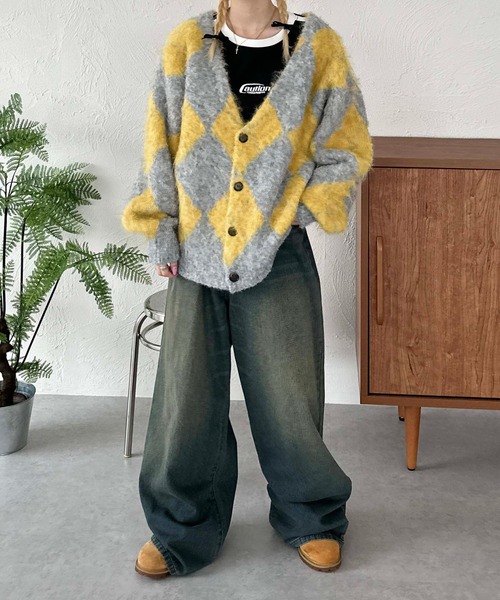 sedacle(セダクル)の「アーガイルニットルーズカーデ(カーディガン/ボレロ・メンズ・ブラック/ピンク/イエロー・SMALL/MEDIUM/LARGE)」の11枚目の写真