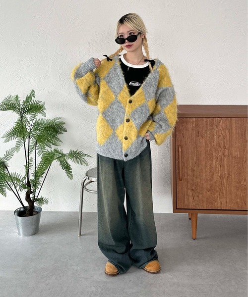 sedacle(セダクル)の「アーガイルニットルーズカーデ(カーディガン/ボレロ・メンズ・ブラック/ピンク/イエロー・SMALL/MEDIUM/LARGE)」の9枚目の写真