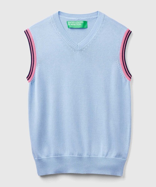 BENETTON (UNITED COLORS OF BENETTON)(ベネトンユナイテッドカラーズオブベネトン)の「コットン100%袖配色ラインVネックニットベスト(ベスト・メンズ・ライトブルー/ネイビー・LARGE/SMALL/MEDIUM/X-SMALL)」の12枚目の写真