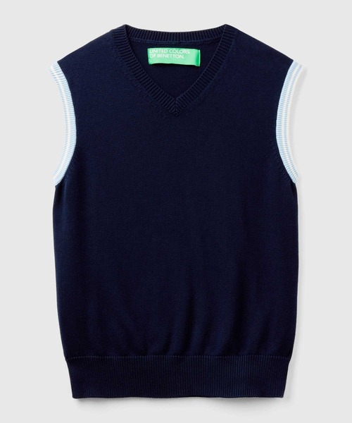 BENETTON (UNITED COLORS OF BENETTON)(ベネトンユナイテッドカラーズオブベネトン)の「コットン100%袖配色ラインVネックニットベスト(ベスト・メンズ・ライトブルー/ネイビー・LARGE/SMALL/MEDIUM/X-SMALL)」の6枚目の写真