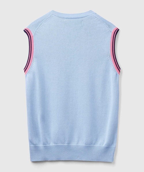 BENETTON (UNITED COLORS OF BENETTON)(ベネトンユナイテッドカラーズオブベネトン)の「コットン100%袖配色ラインVネックニットベスト(ベスト・メンズ・ライトブルー/ネイビー・LARGE/SMALL/MEDIUM/X-SMALL)」の3枚目の写真