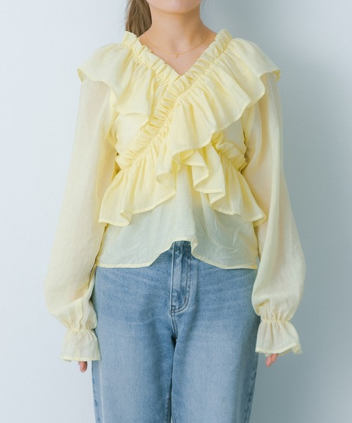 HEYUMM（ヘユム）の「2WAYクロスフリルブラウス（シャツ/ブラウス・レディース・イエロー/チャコールグレー/オフホワイト・ONE）」の4枚目の写真