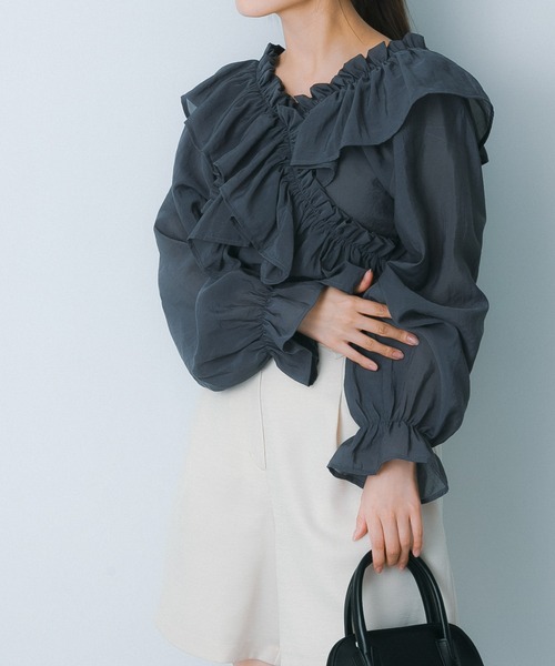 HEYUMM(ヘユム)の「2WAYクロスフリルブラウス(シャツ/ブラウス・レディース・イエロー/チャコールグレー/オフホワイト・ONE)」の14枚目の写真