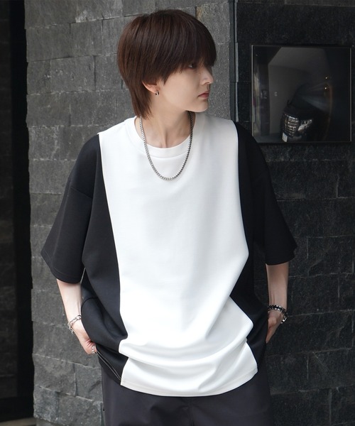Confirm(コンファーム)の「ナチュラルドレープ ビッグシルエット 無地 / 切替 とろみポンチ半袖Tシャツ カットソー【Confirm】(Tシャツ/カットソー・メンズ・ミント/ブラック×グレー/ホワイト/ブラック/サックスブルー/ホワイト×ブラック/ホワイト×グリーン/グレー/チャコールグレー・M/L)」の4枚目の写真