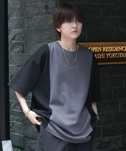 Confirm(コンファーム)の「ナチュラルドレープ ビッグシルエット 無地 / 切替 とろみポンチ半袖Tシャツ カットソー【Confirm】(Tシャツ/カットソー・メンズ・ミント/ブラック×グレー/ホワイト/ブラック/サックスブルー/ホワイト×ブラック/ホワイト×グリーン/グレー/チャコールグレー・M/L)」の1枚目の写真