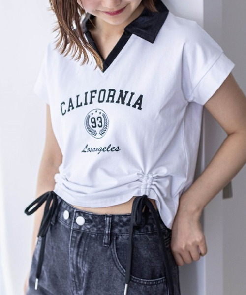 clear(クリア)の「フロントシャーリング配色襟カットソートップス(Tシャツ/カットソー・レディース・オフホワイト/ブラック/カーキ・F)」の1枚目の写真