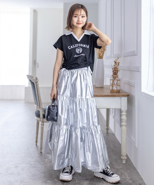 clear(クリア)の「フロントシャーリング配色襟カットソートップス(Tシャツ/カットソー・レディース・オフホワイト/ブラック/カーキ・F)」の15枚目の写真