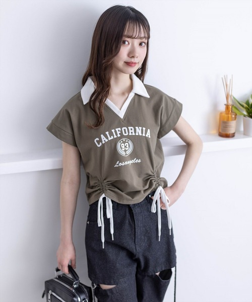 clear(クリア)の「フロントシャーリング配色襟カットソートップス(Tシャツ/カットソー・レディース・オフホワイト/ブラック/カーキ・F)」の16枚目の写真