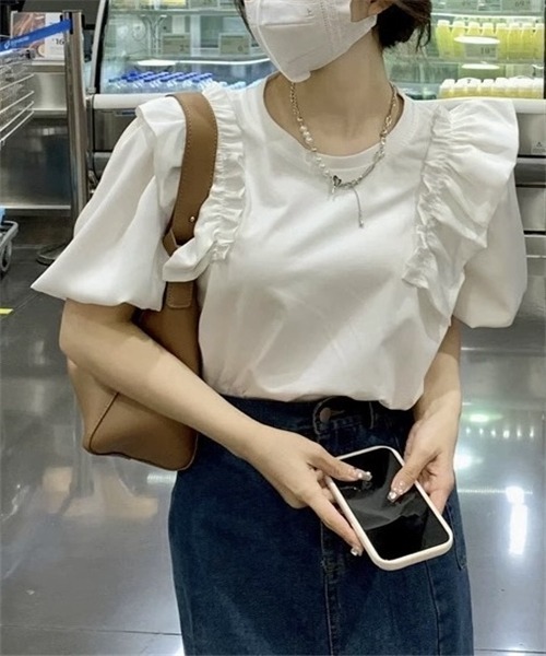 Dream garden（ドリームガーデン）の「肩フリルバルーンスリーブTシャツ（Tシャツ/カットソー・レディース・ホワイト/ブラック・XL/S/L/M）」の2枚目の写真