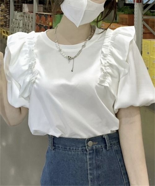 Dream garden（ドリームガーデン）の「肩フリルバルーンスリーブTシャツ（Tシャツ/カットソー・レディース・ホワイト/ブラック・XL/S/L/M）」の6枚目の写真
