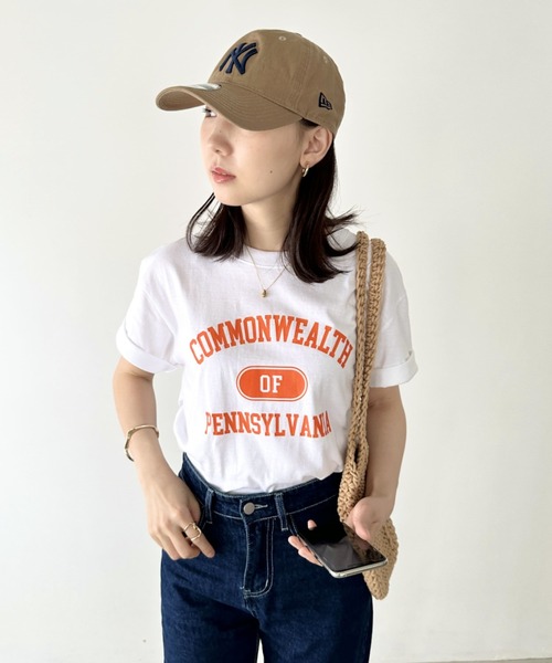 Niell（ニール）の「【WEB限定】カレッジロゴ プリントTシャツ アーチロゴ 半袖T 無地 オーバーサイズ（Tシャツ/カットソー・レディース・オレンジ/ネイビー/グリーン・FREE）」の5枚目の写真