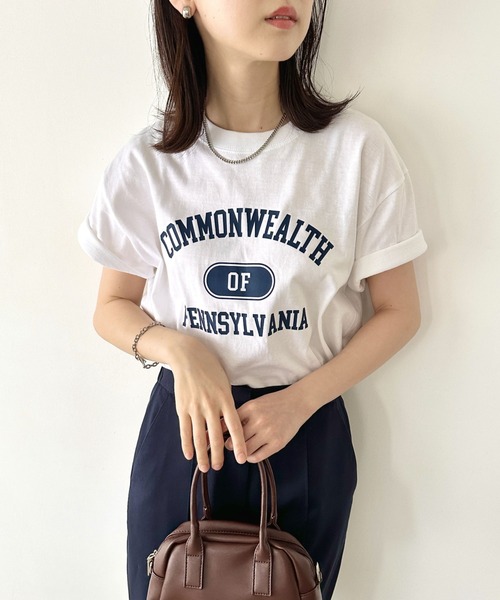 Niell（ニール）の「【WEB限定】カレッジロゴ プリントTシャツ アーチロゴ 半袖T 無地 オーバーサイズ（Tシャツ/カットソー・レディース・オレンジ/ネイビー/グリーン・FREE）」の21枚目の写真