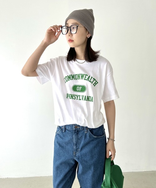 Niell（ニール）の「【WEB限定】カレッジロゴ プリントTシャツ アーチロゴ 半袖T 無地 オーバーサイズ（Tシャツ/カットソー・レディース・オレンジ/ネイビー/グリーン・FREE）」の6枚目の写真