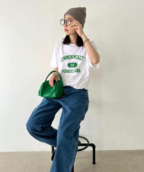 Niell（ニール）の「【WEB限定】カレッジロゴ プリントTシャツ アーチロゴ 半袖T 無地 オーバーサイズ（Tシャツ/カットソー・レディース・オレンジ/ネイビー/グリーン・FREE）」の13枚目の写真