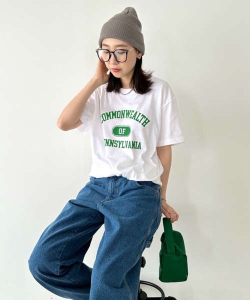 Niell（ニール）の「【WEB限定】カレッジロゴ プリントTシャツ アーチロゴ 半袖T 無地 オーバーサイズ（Tシャツ/カットソー・レディース・オレンジ/ネイビー/グリーン・FREE）」の12枚目の写真