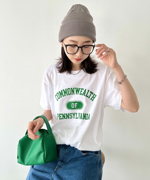 Niell（ニール）の「【WEB限定】カレッジロゴ プリントTシャツ アーチロゴ 半袖T 無地 オーバーサイズ（Tシャツ/カットソー・レディース・オレンジ/ネイビー/グリーン・FREE）」の11枚目の写真