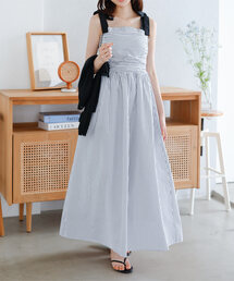 ショルダーリボンストライプワンピース