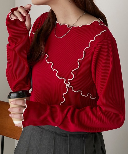 BONLECILL(ボンルシール)の「配色メロープリーツリブインナー(Tシャツ/カットソー・レディース・モカ/レッド/ブラック/アイボリー/ネイビー/カーキ・FREE)」の6枚目の写真