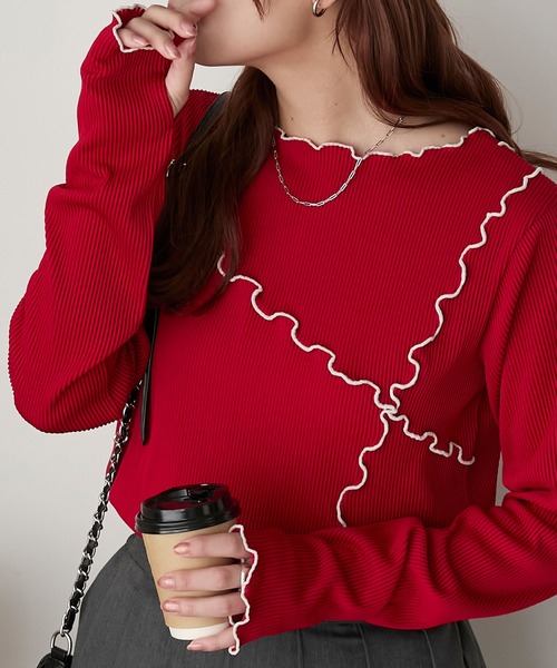 BONLECILL(ボンルシール)の「配色メロープリーツリブインナー(Tシャツ/カットソー・レディース・モカ/レッド/ブラック/アイボリー/ネイビー/カーキ・FREE)」の7枚目の写真