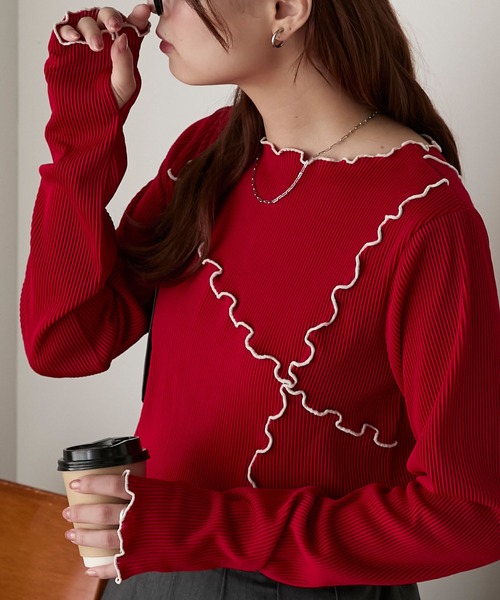 BONLECILL(ボンルシール)の「配色メロープリーツリブインナー(Tシャツ/カットソー・レディース・モカ/レッド/ブラック/アイボリー/ネイビー/カーキ・FREE)」の14枚目の写真