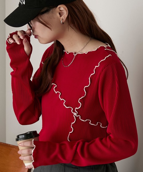 BONLECILL(ボンルシール)の「配色メロープリーツリブインナー(Tシャツ/カットソー・レディース・モカ/レッド/ブラック/アイボリー/ネイビー/カーキ・FREE)」の15枚目の写真