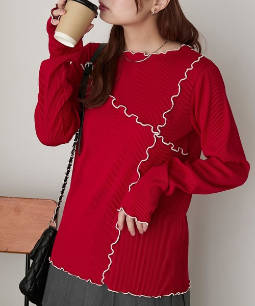 BONLECILL(ボンルシール)の「配色メロープリーツリブインナー(Tシャツ/カットソー・レディース・モカ/レッド/ブラック/アイボリー/ネイビー/カーキ・FREE)」の17枚目の写真