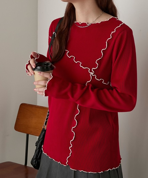 BONLECILL(ボンルシール)の「配色メロープリーツリブインナー(Tシャツ/カットソー・レディース・モカ/レッド/ブラック/アイボリー/ネイビー/カーキ・FREE)」の18枚目の写真