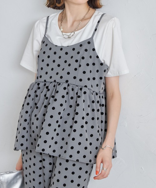 each（イーチ）の「【アンサンブルセット】フロッキードットキャミビスチェ＋半袖Tシャツ（アンサンブル・レディース・グレー/アイボリー/ブラック・FREE）」の14枚目の写真