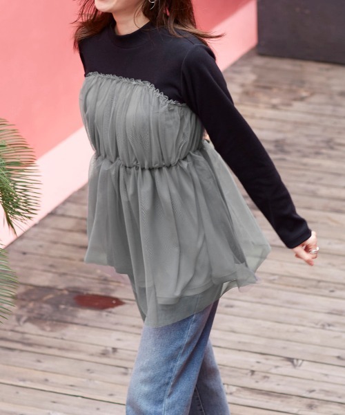 nissen（ニッセン）の「チュールキャミソールドッキングプルオーバー（Tシャツ/カットソー・レディース・ブラック×グレー/ブラック×ブラック/ホワイト×グレー・LL/L/M/S）」の22枚目の写真