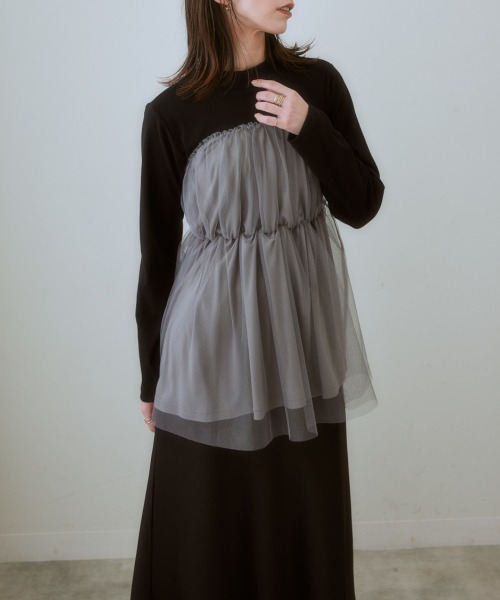 nissen（ニッセン）の「チュールキャミソールドッキングプルオーバー（Tシャツ/カットソー・レディース・ブラック×グレー/ブラック×ブラック/ホワイト×グレー・LL/L/M/S）」の4枚目の写真