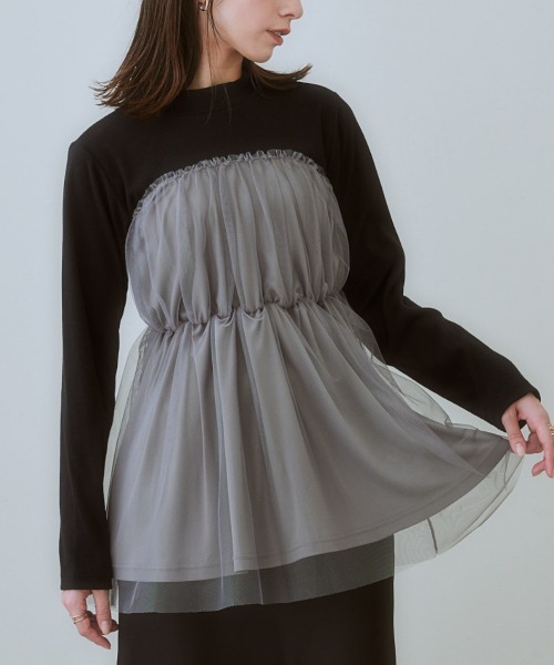 nissen（ニッセン）の「チュールキャミソールドッキングプルオーバー（Tシャツ/カットソー・レディース・ブラック×グレー/ブラック×ブラック/ホワイト×グレー・LL/L/M/S）」の6枚目の写真