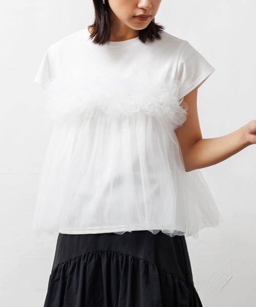 mili an deni（ミリアンデニ）の「チュールビスチェフレンチスリーブTシャツ（Tシャツ/カットソー・レディース・チャコールグレー/オフホワイト・M）」の2枚目の写真