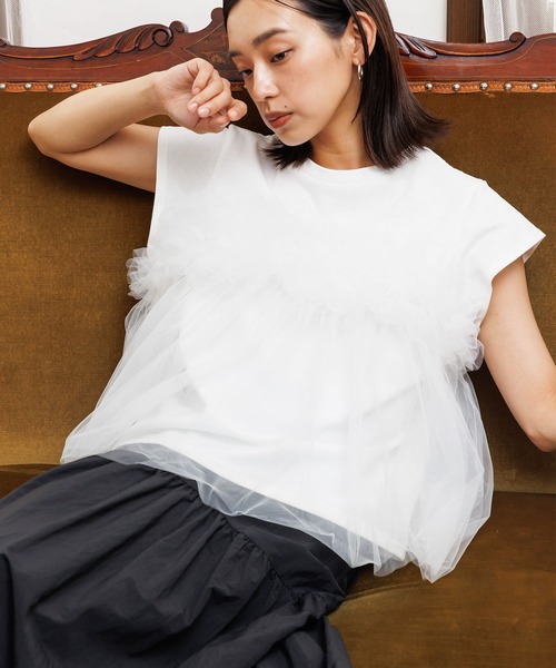 mili an deni（ミリアンデニ）の「チュールビスチェフレンチスリーブTシャツ（Tシャツ/カットソー・レディース・チャコールグレー/オフホワイト・M）」の3枚目の写真
