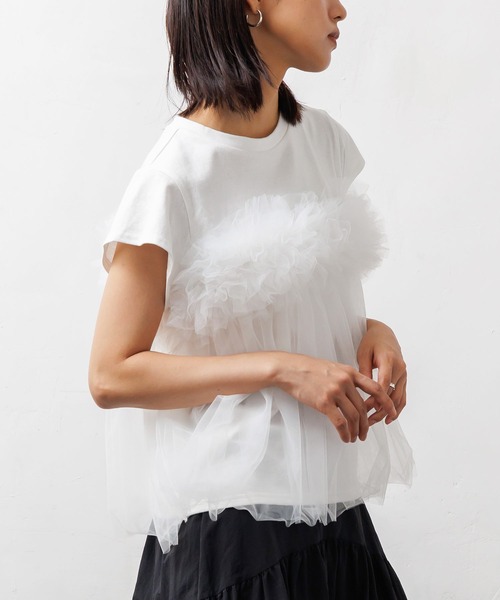 mili an deni（ミリアンデニ）の「チュールビスチェフレンチスリーブTシャツ（Tシャツ/カットソー・レディース・チャコールグレー/オフホワイト・M）」の4枚目の写真