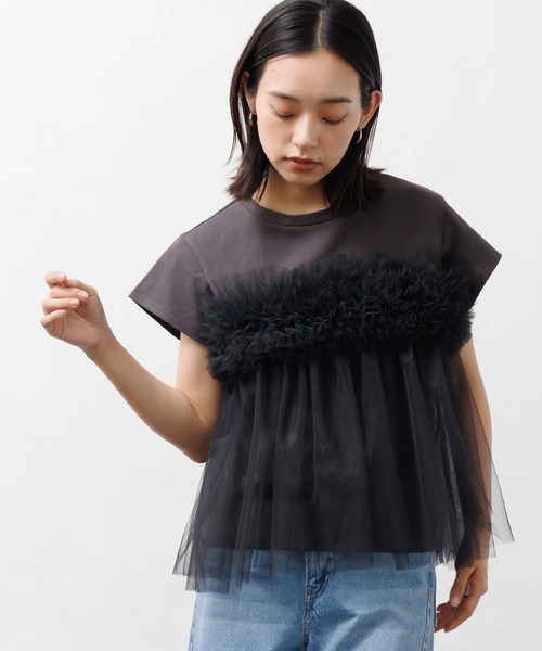 mili an deni（ミリアンデニ）の「チュールビスチェフレンチスリーブTシャツ（Tシャツ/カットソー・レディース・チャコールグレー/オフホワイト・M）」の10枚目の写真