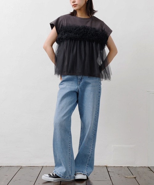 mili an deni（ミリアンデニ）の「チュールビスチェフレンチスリーブTシャツ（Tシャツ/カットソー・レディース・チャコールグレー/オフホワイト・M）」の11枚目の写真