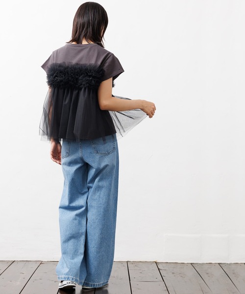 mili an deni（ミリアンデニ）の「チュールビスチェフレンチスリーブTシャツ（Tシャツ/カットソー・レディース・チャコールグレー/オフホワイト・M）」の12枚目の写真