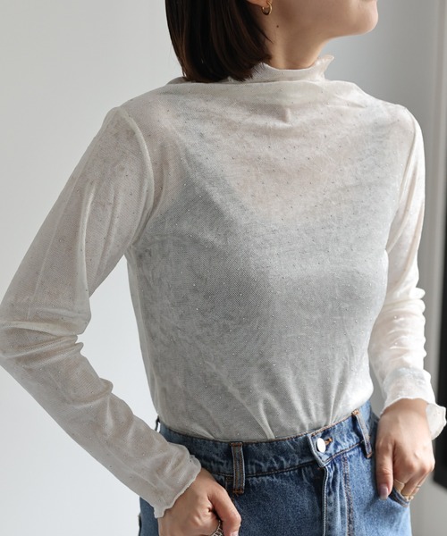 amerivintage ベロアトップス セール】ラインストーン付きメッシュベロアトップス（Tシャツ