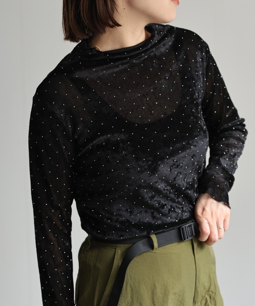 セール】ラインストーン付きメッシュベロアトップス（Tシャツ
