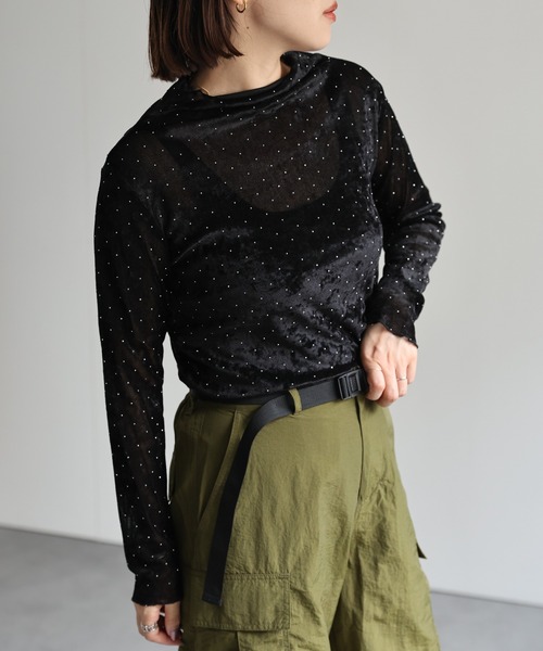 セール】ラインストーン付きメッシュベロアトップス（Tシャツ