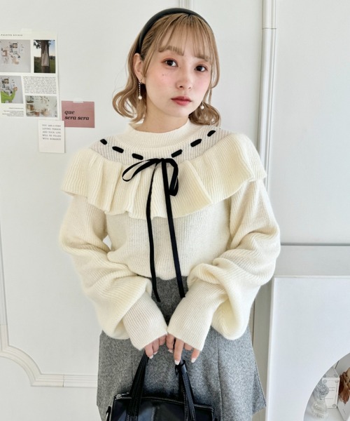 セール】フリルリボンニットプルオーバー（ニット/セーター）｜Loueme
