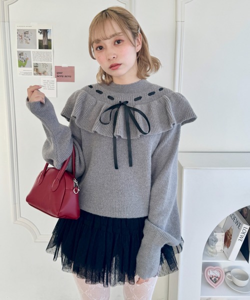 専用♡カナダオーダーメイド品 ふりふりフリルカーテンふんわりニットボレロ セール】フリルリボンニットプルオーバー（ニット/セーター