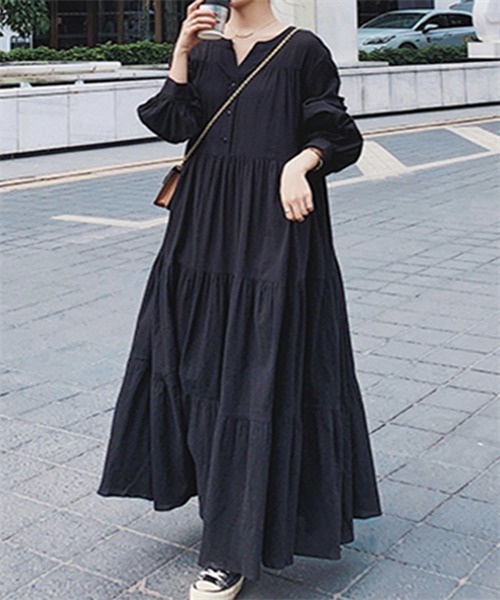 Dream garden(ドリームガーデン)の「ノーカラーマキシ丈ティアードワンピース(ワンピース・レディース・ブラック・M/L/XL/2XL/3XL)」の9枚目の写真
