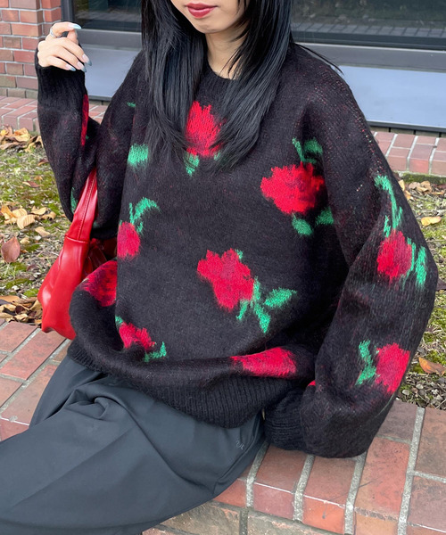 Chillfar(チルファー)の「5G花柄Aジャガード編みプルオーバー(ニット/セーター・レディース・ブラック/ボルドー・FREE)」の13枚目の写真