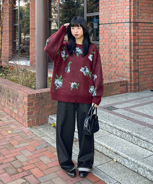 Chillfar(チルファー)の「5G花柄Aジャガード編みプルオーバー(ニット/セーター・レディース・ブラック/ボルドー・FREE)」の21枚目の写真