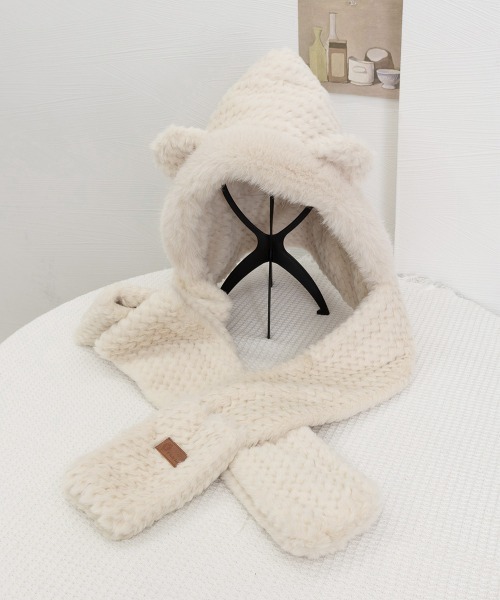 セール】くま耳ニット帽子 マフラー 手袋 一体型（ニット